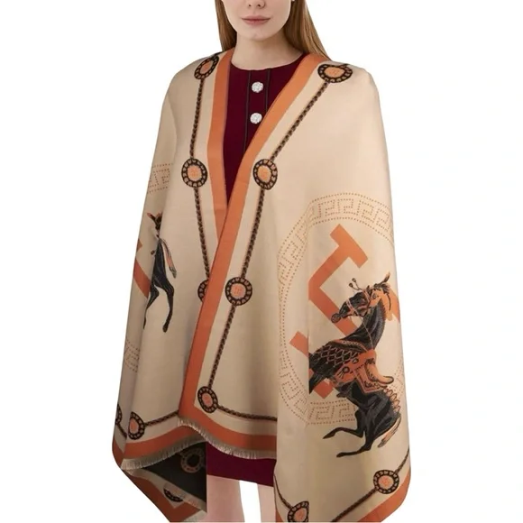 #14 Anthro Kerri Horse Poncho Scarf Orange & Cream O/S - Picture 4 of 17